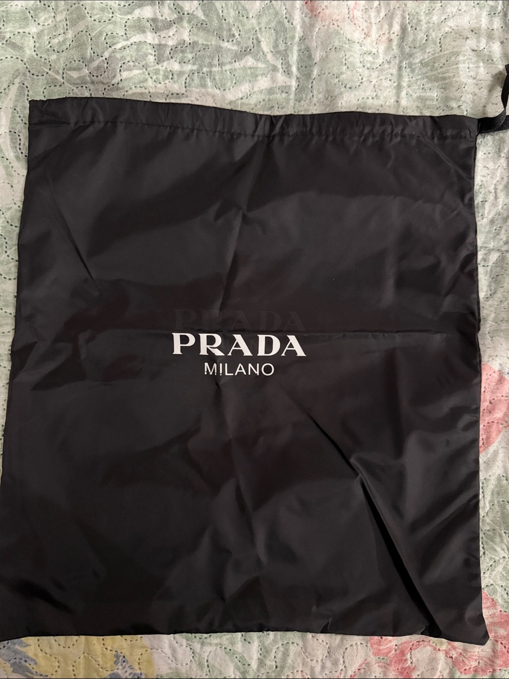 Prada Black Nylon Drawstring Bag with White Logo